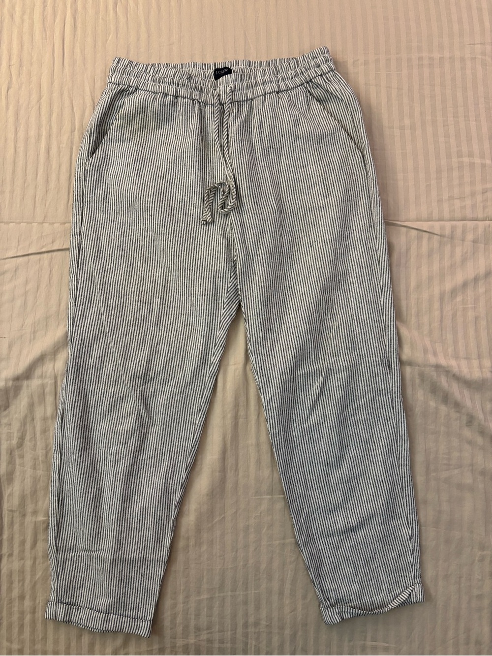 J.CREW Women’s Size 6 Blue White Linen Striped Twill Drawstring Elastic Waist